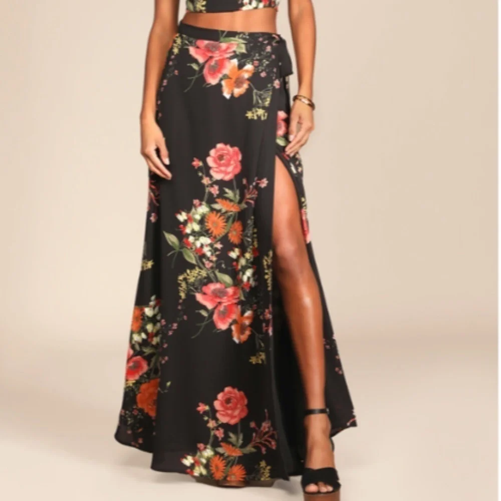 LULU's Boho Resort Vacation Sexy Floral Flowy Romantic Wrap Maxi Skirt NWOT